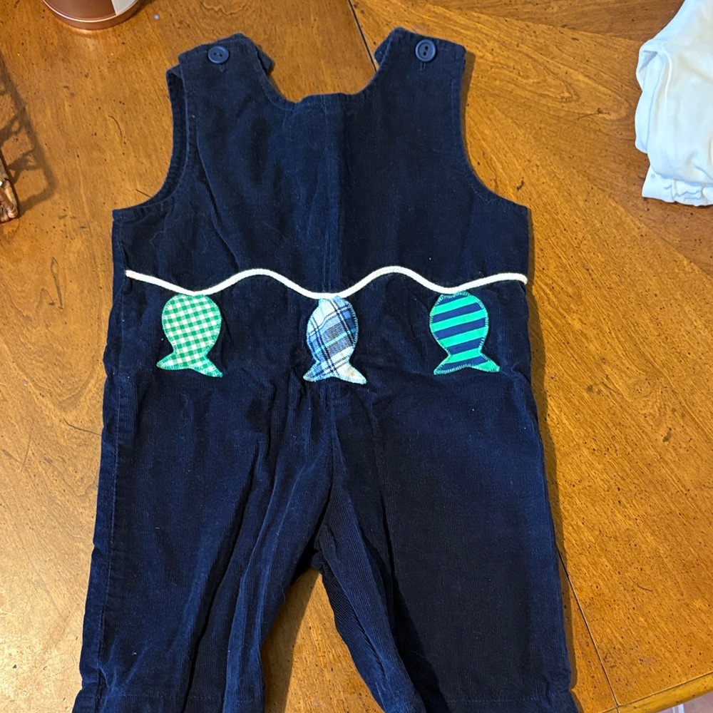 Navy Corduroy Kids Fish Appliqué Overalls